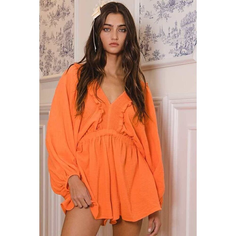 Bucket List Coral Smocked V-Neck Ruffled Solid Woven Romper